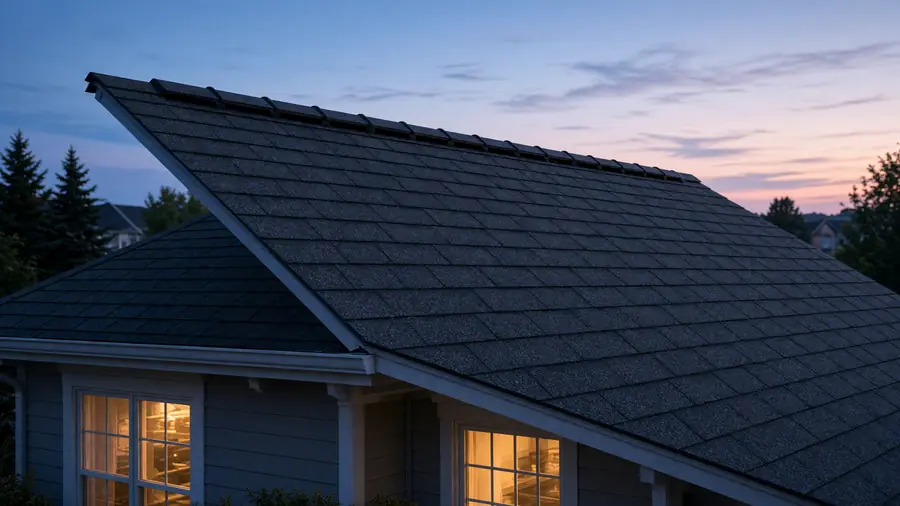 A dark asphalt shingle roof on a house at blue hour, windows lit warm below the eave