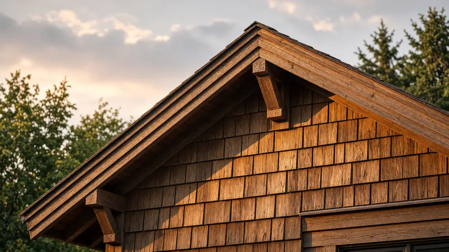 A cedar shingle gable end with timber brackets, lit by low golden sun