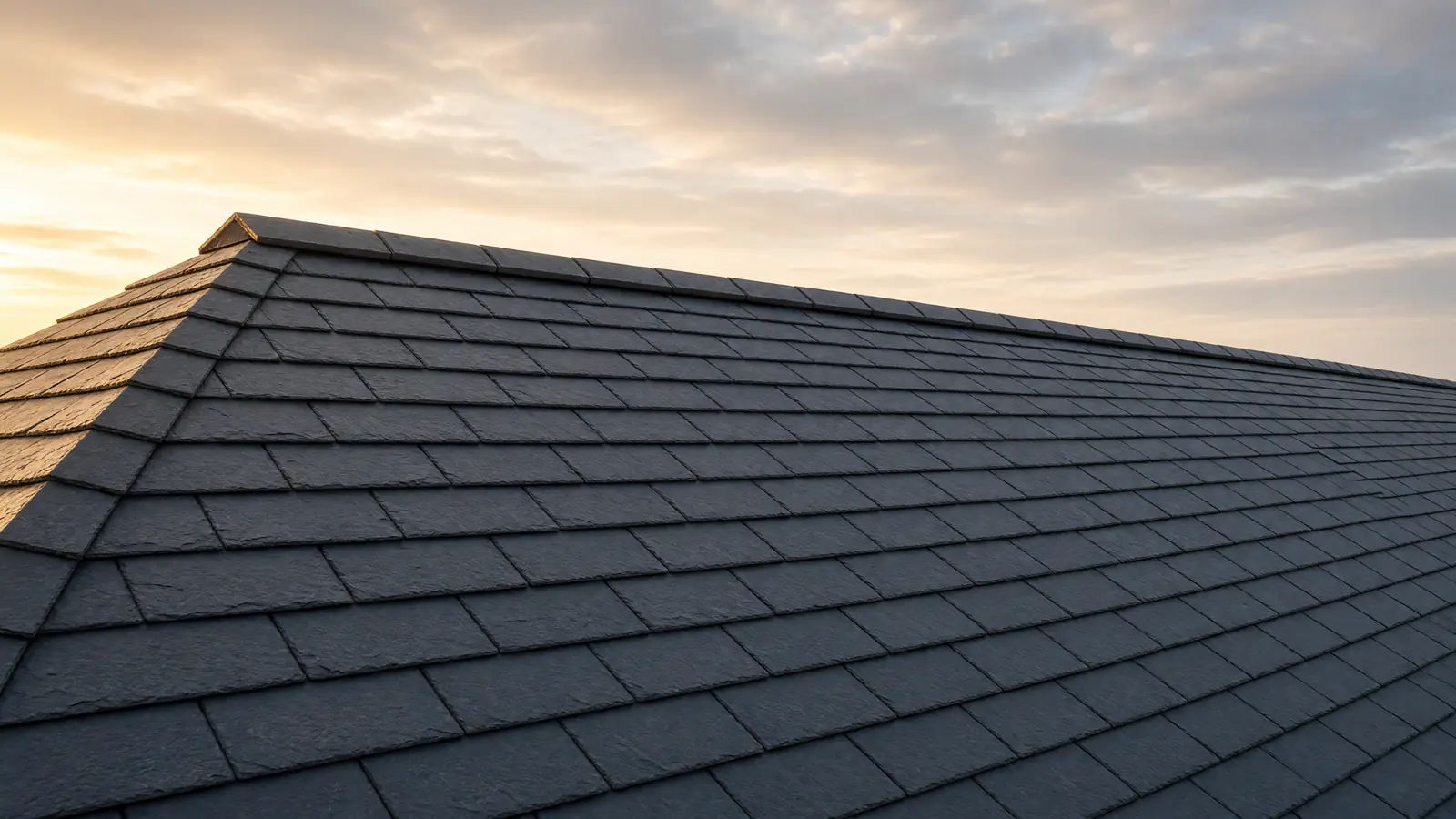A straight ridge and hip of dark slate roofing under a golden evening sky