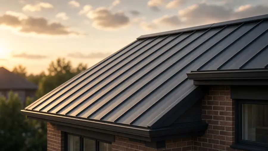 A charcoal standing seam metal roof edge on a brick house in golden evening light