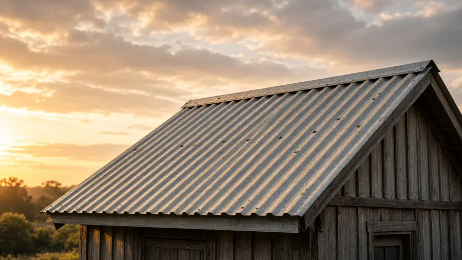 A corrugated galvanized steel roof on an outbuilding at sunset